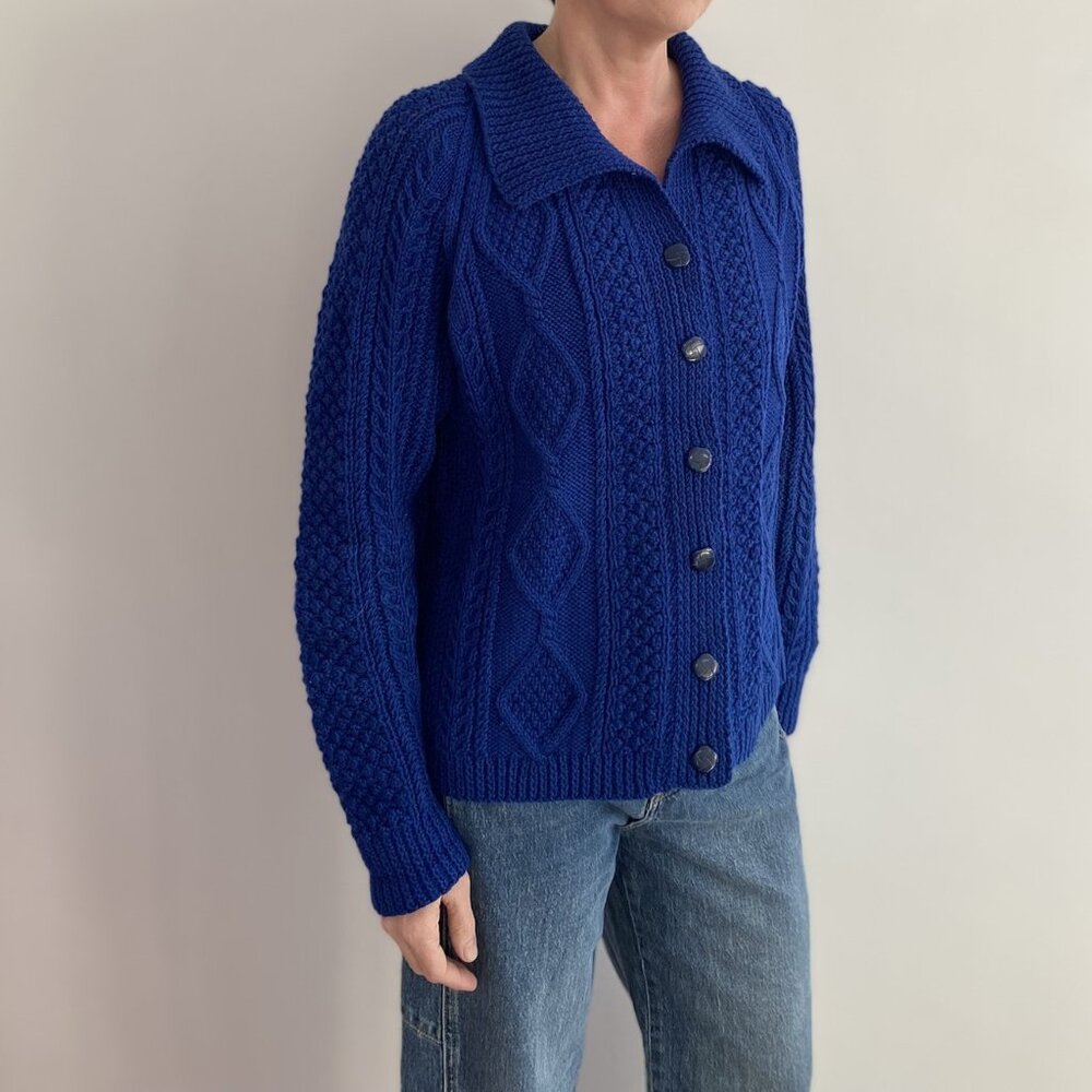 Handmade Royal Blue Aran Knit Cardigan –Heavyweight Cozy Sweater-Size M